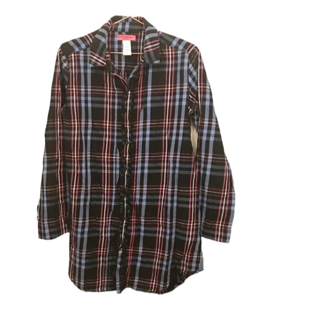 Betsey Johnson plaid sleep shirt gown size medium 100% cotton